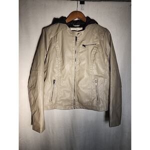 Sebby Collection Faux Fur Lined Faux Leather Hooded Biker Jacket Camel Size L